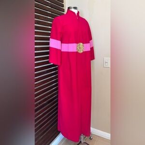 1960s Vintage Fuschia Pink Gold Metallic Zip Dressing Gown Robe Pockets